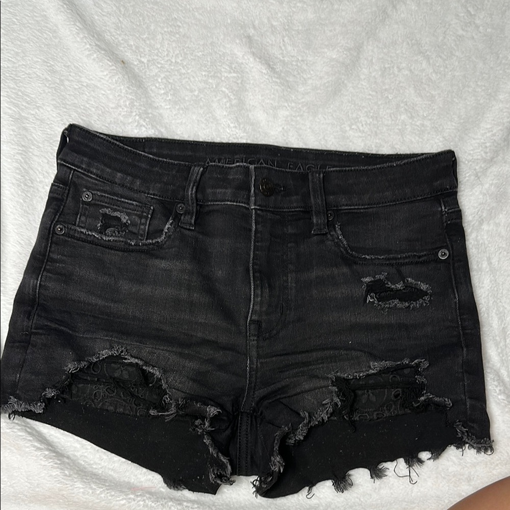 American Eagle Outfitters Black Jean Shorts Distressed Frayed Hem